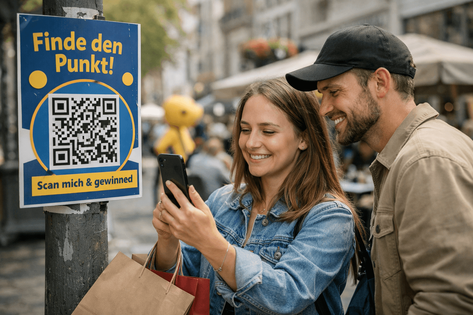 Kartenansicht mit QR-Punkten, Rewards und einem Weg zum lokalen Geschäft
